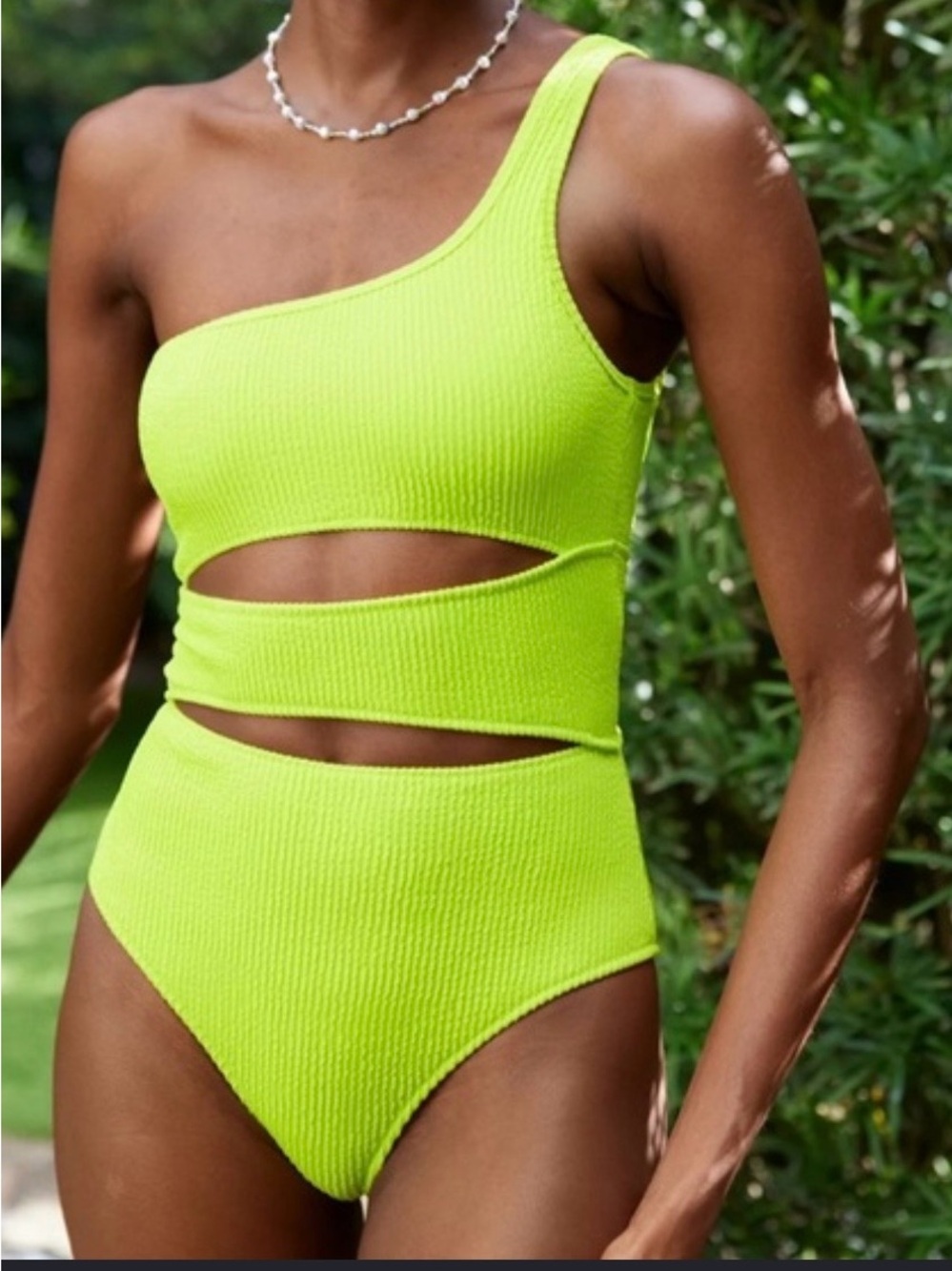 Aerie Women Crinkle Cut Out Neon Green One Shoulder Swim Suit Size M NWT